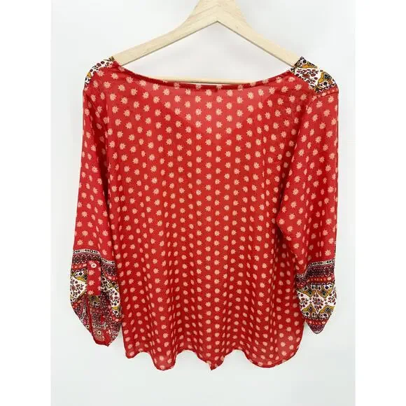 West Kei Top Women LARGE Talina Rust Red Printed V-Neck Tie Front Blouse - Picture 2 of 10